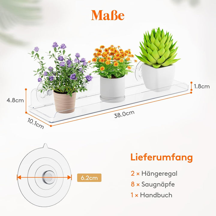 Lifewit Fenster Pflanzenregale, 2 Stück, 38cm, Transparent Regal Saugnapf, Fensterwand-Pflanzenständ