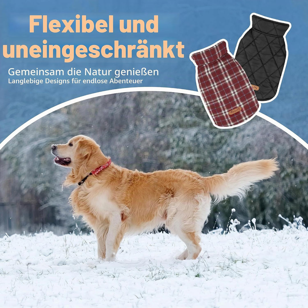 Wendbarer Warmer Hundemantel mit Klettverschlüssen: britischer Stil, Karierte Jacke für den Winter,