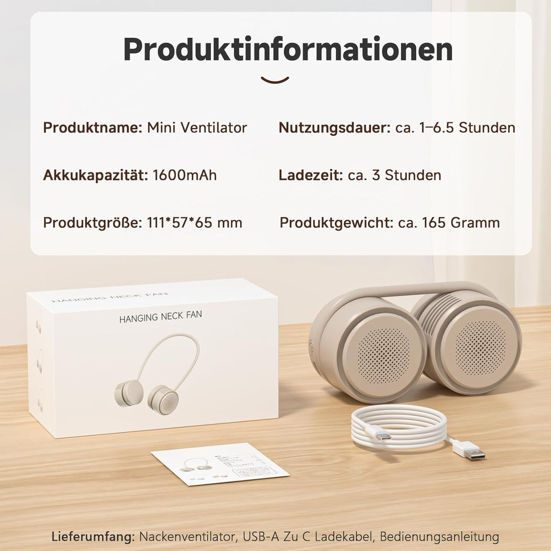 ViSSKO Nackenventilator Tragbarer, Halsventilator USB Mini, 3 Geschwindigkeiten, 2000mAh Persönliche