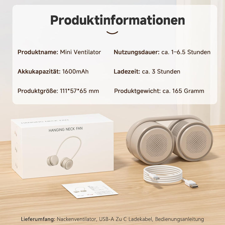 ViSSKO Nackenventilator Tragbarer, Halsventilator USB Mini, 3 Geschwindigkeiten, 2000mAh Persönliche