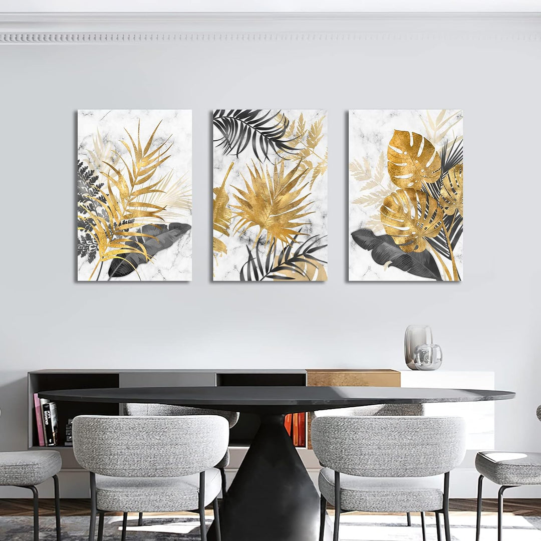 3 Teilig Leinwandbilder Bilder mit Rahmen Abstrakt Grau Gold Blätter bild auf leinwand Wandkunst Mod
