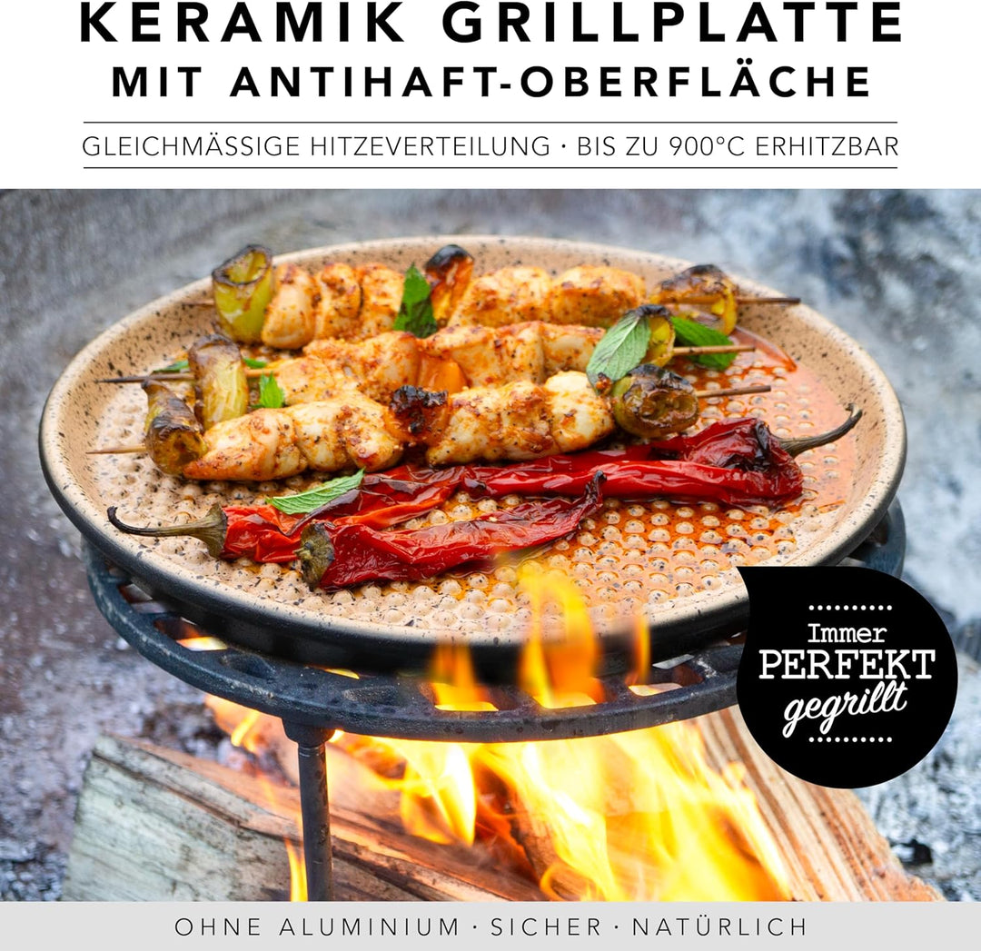 Römertopf BBQ Plancha Grillplatte mit Grillnoppen Ø 31,5 cm Feuerplatte aus naturton Ton, Ø 31,5 cm