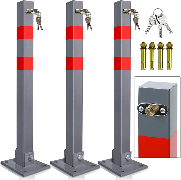 Sonnewelt 3x Parkpfosten Parkplatzsperre mit 3 Schlüsse, Parkplatzsperren mit Reflexstreifen, Klappb