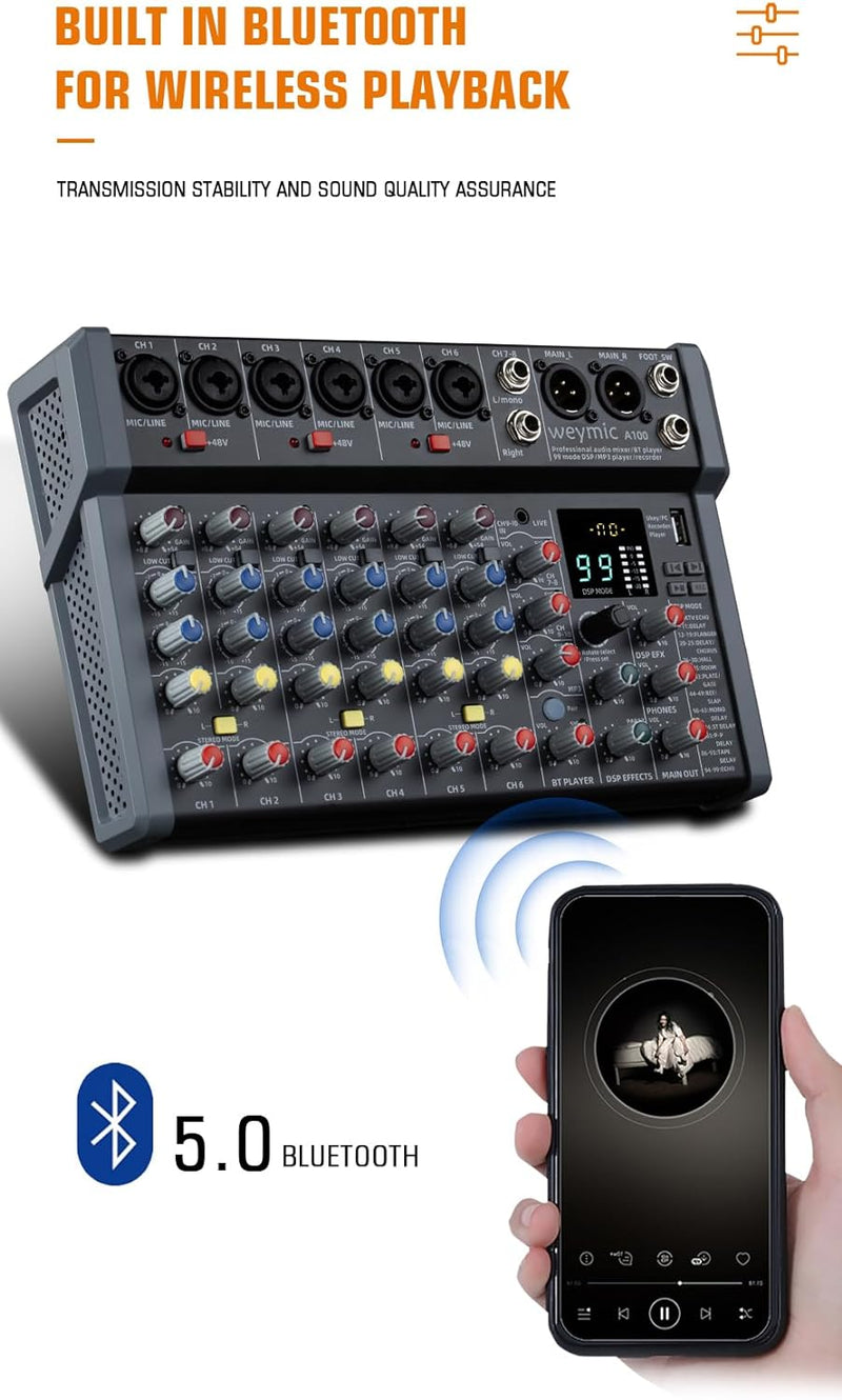 Weymic Professioneller Mixer der A-Serie für die Aufnahme von DJ-Bühne, Karaoke-Musik, mit USB-Laufw