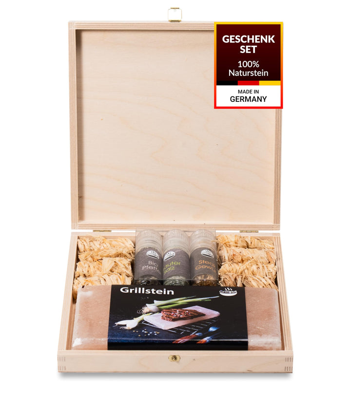 Landkaufhaus Mayer® Grillset Geschenk – 1 Grillstein aus Steinsalz aus der Saltrange in Pakistan Bez
