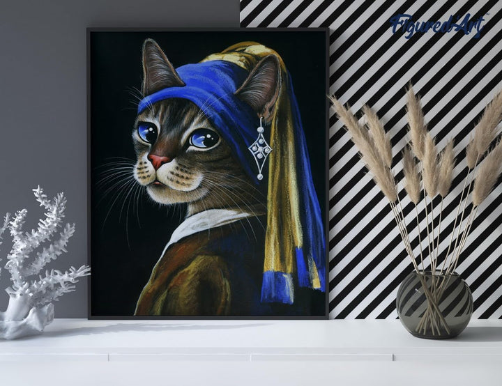 Figured'Art Malen Nach Zahlen Erwachsene Mit Rahmen Das Kätzchen mit dem Perlenohrgehänge - Paint by