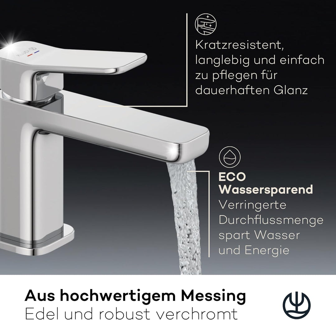KLUDI-X3 Waschtischarmatur, Auslaufhöhe 85 mm, wassersparender Wasserhahn Bad Grösse S, Keramikkartu