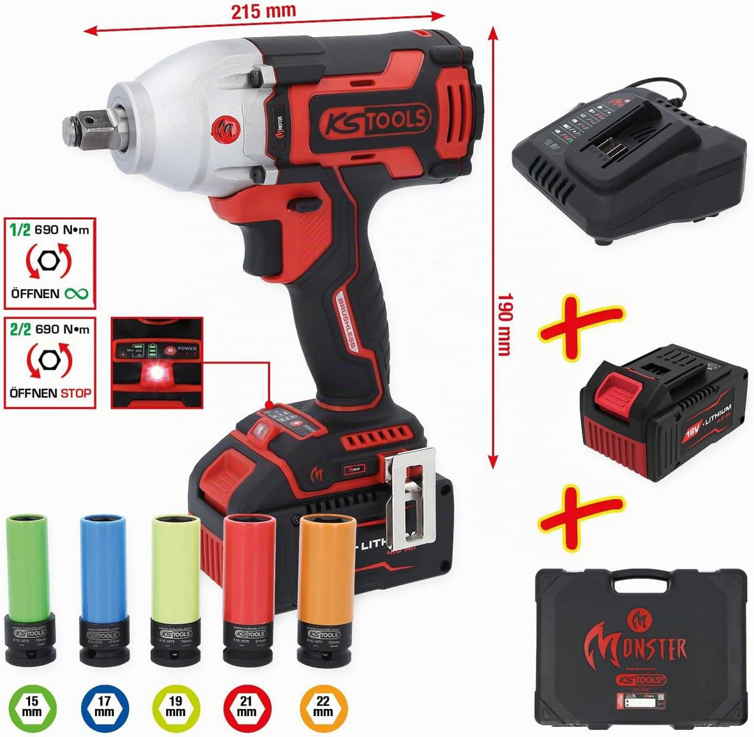 KS Tools 515.6100 eMONSTER 1/2“ Brushless-Akku-Schlag-Schrauber-Satz, 9-tlg