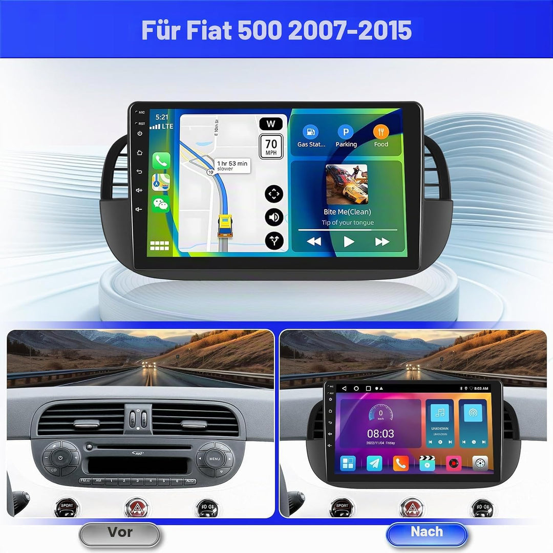 Radio für FIAT 500 2007-2015 Android 15 2+64G mit Wireless CarPlay Android Auto, 9 Zoll Bildschirm m