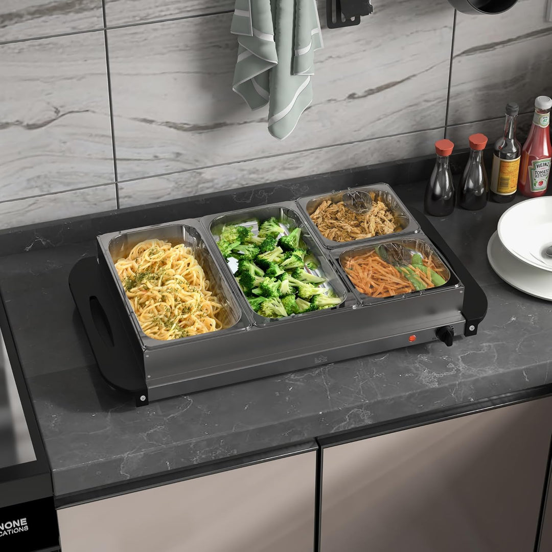 HOMCOM Buffetwärmer 6,8L Warmhalteplatte 300 Watt Edelstahl Speisewärmer mit Einstellbarer Thermosta