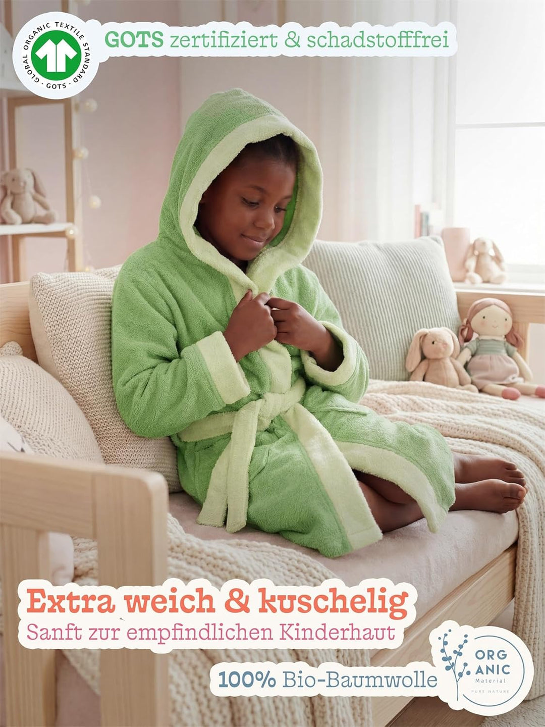 normani Kinder-Bademantel mit Kapuze aus 100% Bio-Baumwolle - für Jungen und Mädchen 98-104 Grün, 98