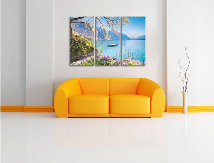 Pixxprint Genfer See im Sonnenschein als Leinwandbild/Grösse: 3 Teilig (120x80 cm) cm/Wandbild/Kunst