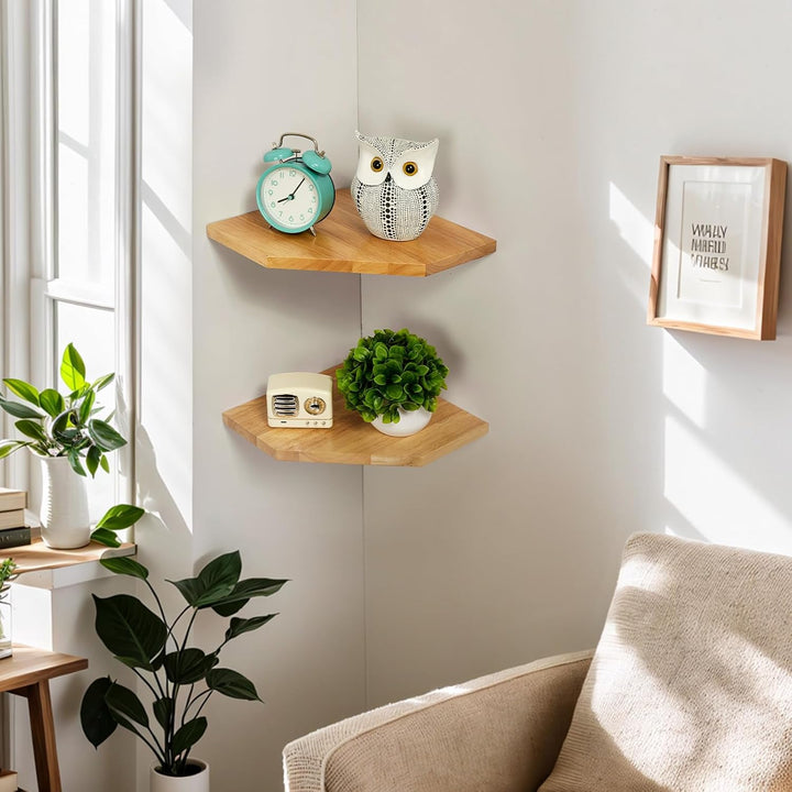 Gieanoo Eckregal Hängend, 2er-Set Eiche Massivholz Eckregal Wandregal Holz Vintage Landhausstil Rega