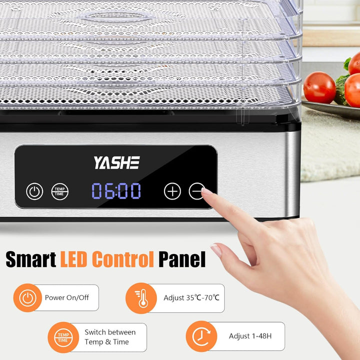 YASHE Dörrautomat mit Edelstahlgitter, 5-lagiger Dörrgerät, 400W Dehydrator mit Timer für Fleisch, O