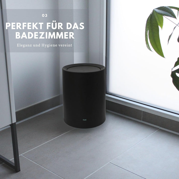 Nell 8L Mülleimer Bad Schwarz Matt mit Schwingdeckel – Perfekt als eleganter Kosmetikeimer, Ideal au