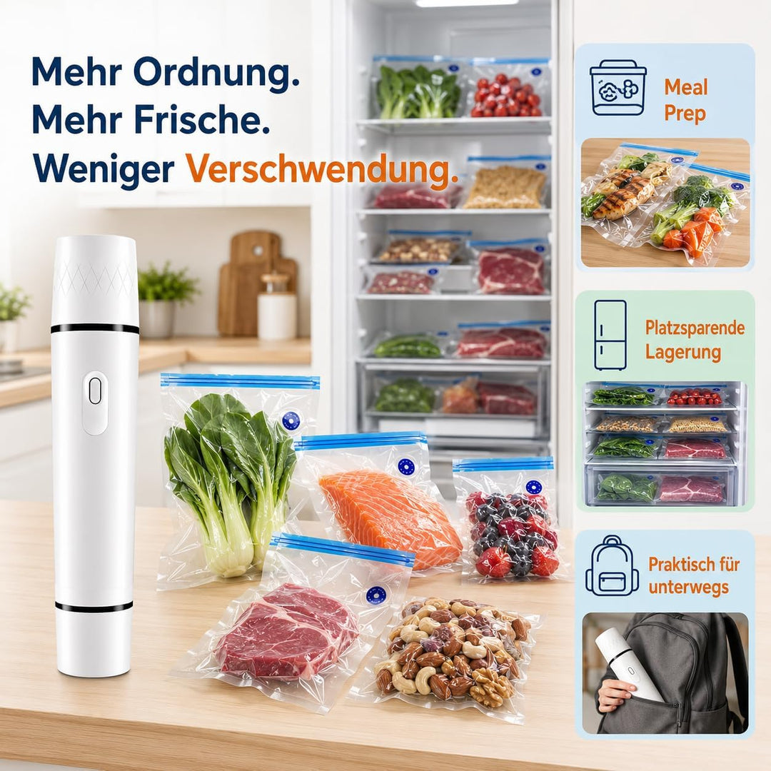 Handvakuumierer mit 30 Wiederverwendbare Vakuumbeutel | Tragbares Vakuumiergerät für Lebensmittelkon