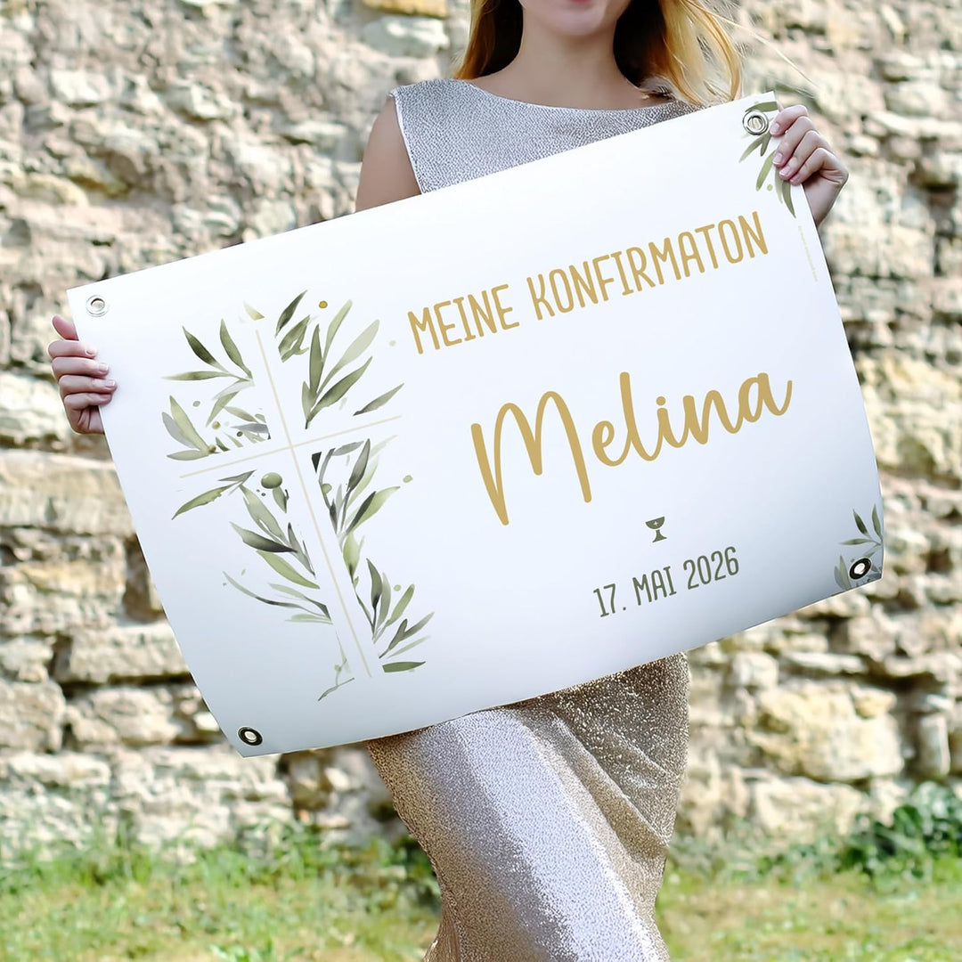 Herz & Heim® Personalisierbares Banner für kirchliche Feste – Kunststoffbanner oder Posterpapier – M