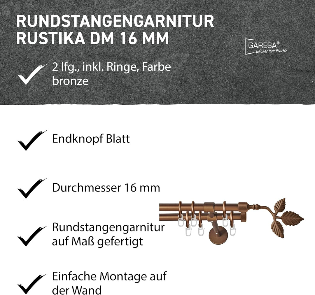 Garesa Gardinenstange Rustika Ø 16mm, 2-läufig, Bronze I Rustikale Vorhangstange aus Metall inkl. Ri