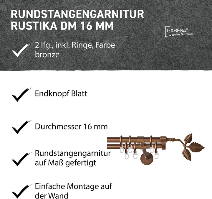 Garesa Gardinenstange Rustika Ø 16mm, 2-läufig, Bronze I Rustikale Vorhangstange aus Metall inkl. Ri