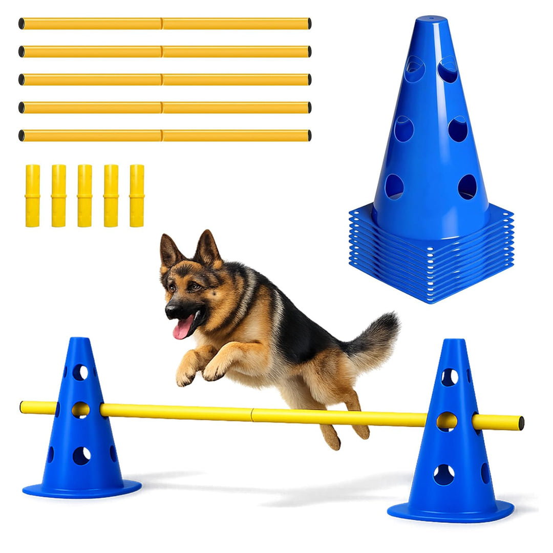 Agility Set Hunde – 10 Kegel + 5 Stangen, 23 cm Höhe, Cavaletti Hund für Koordinationstraining, Hund
