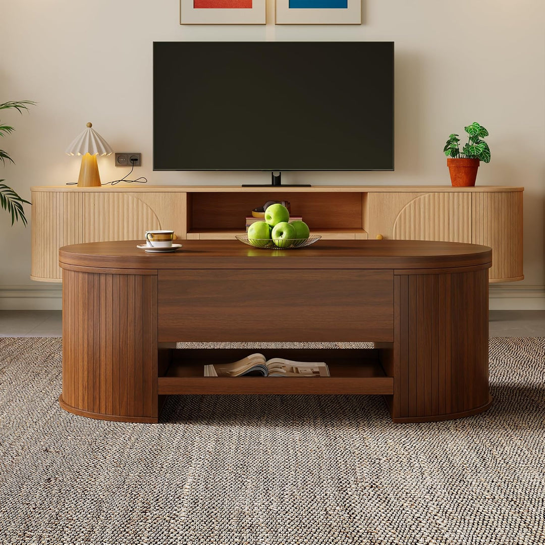 Merax Anhebbarer Couchtisch 110x55,5x40 cm, Höhenverstellbar mit Gebogenen Holzseiten, Ausziehbares