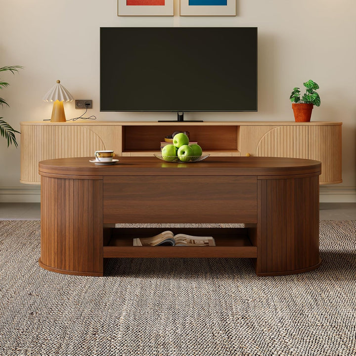 Merax Anhebbarer Couchtisch 110x55,5x40 cm, Höhenverstellbar mit Gebogenen Holzseiten, Ausziehbares