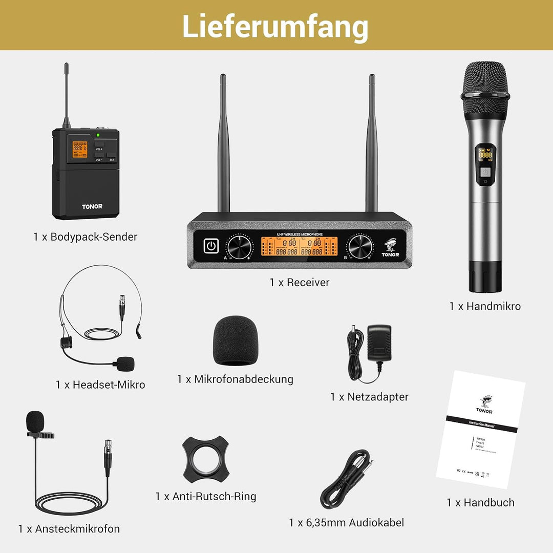 TONOR Duales UHF Mikrofon Kabellos Set mit Handmikrofon/Bodypack Transmitter/Headset Funkmikrofon/La