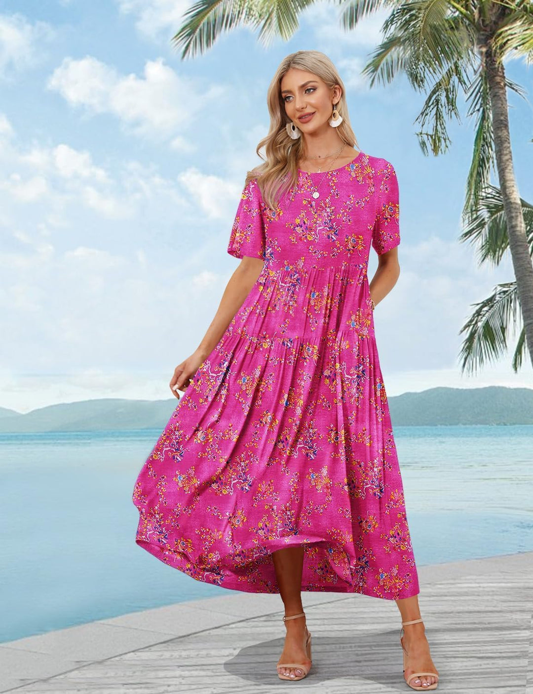 YESNO Damen Kleider Freizeit Lose Sommerkleid Lang Boho Maxikleid für Rundhals Strandkleid Blumenkle