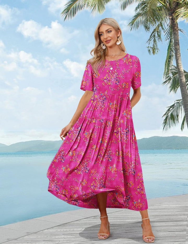 YESNO Damen Kleider Freizeit Lose Sommerkleid Lang Boho Maxikleid für Rundhals Strandkleid Blumenkle