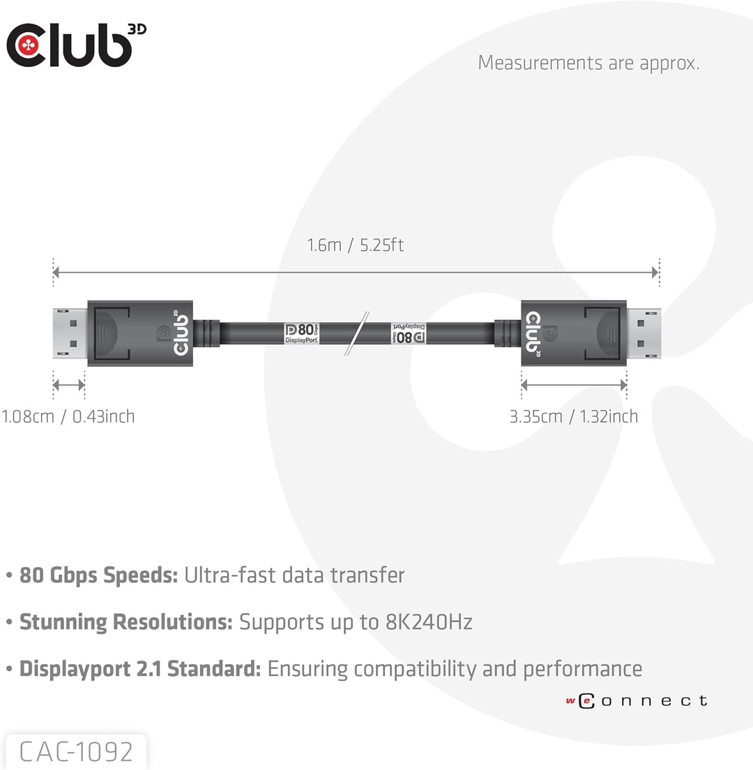 Club3D CAC-1092 DisplayPort™ 2.1 Bi-Direktionales VESA DP80 zertifiziertes Kabel 4K240Hz, 8K60Hz ode