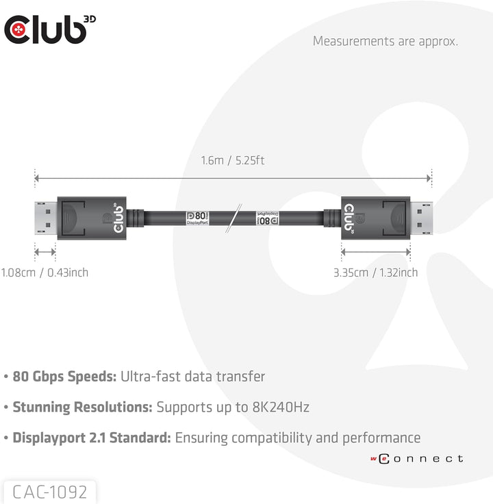 Club3D CAC-1092 DisplayPort™ 2.1 Bi-Direktionales VESA DP80 zertifiziertes Kabel 4K240Hz, 8K60Hz ode
