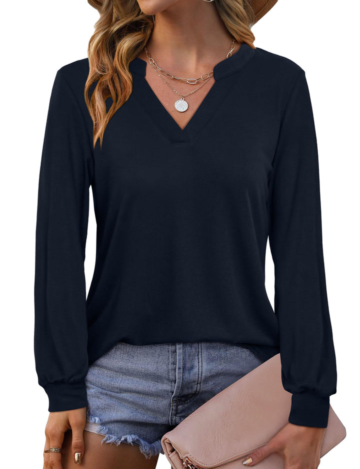Beluring Langarmshirt Damen Elegant V Ausschnitt Tunika Bluse Einfarbig T-Shirt XXL Marineblau, XXL