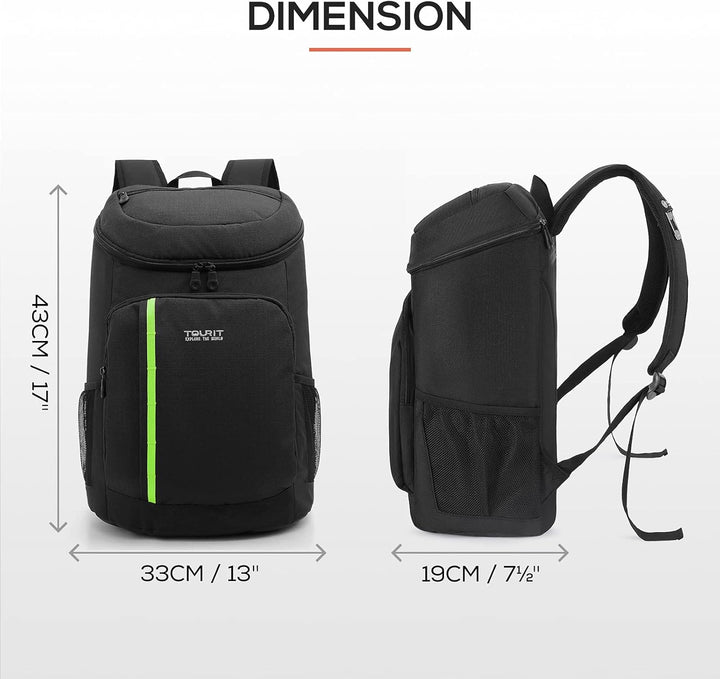 TOURIT 28L Kühler Rucksack Leichter Rucksack mit Flaschenöffner Hält 30 Dosen Schwarz