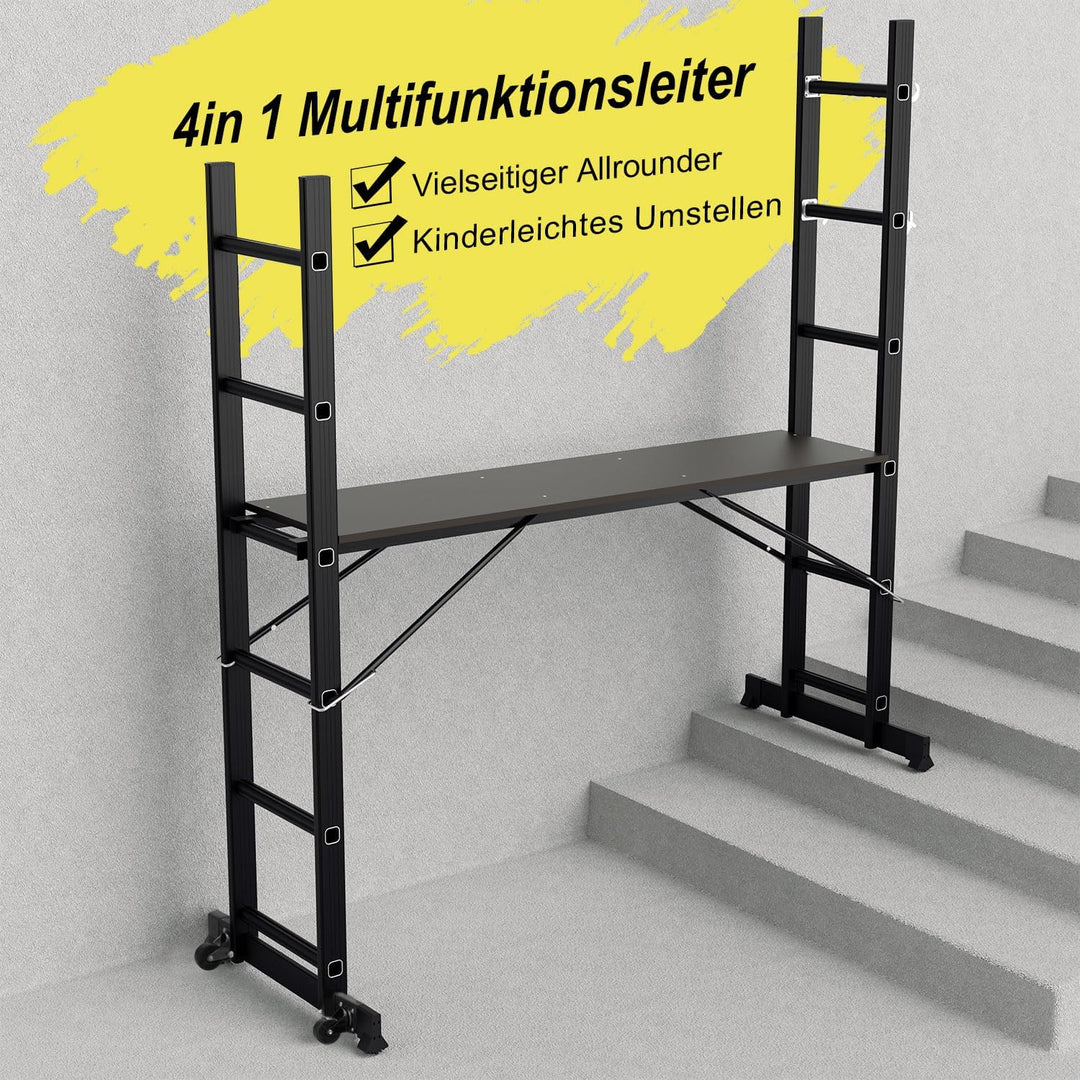 Gimisgu Gerüst, 4 in 1 Alu Multifunktionsleiter 6+6 Stufen, Mobile Mehrzweckleiter mit Plattform und