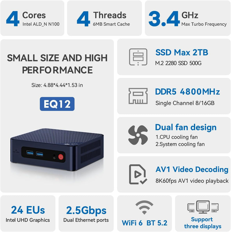 Beelink EQ12 Mini PC, Intel 12th Processor N100 (4C/4T, bis zu 3.4Ghz), 16G DDR5 500G M.2 SSD Mini C