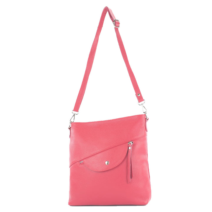 modamoda de - T223 - ital. Umhängetasche Schultertasche Medium aus Leder Bubble Gum, Bubble Gum