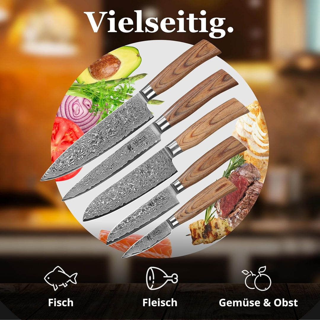 Wakoli EDIB Pro Premium 5er Damastmesser-Set mit 8-20 cm Klingen gefertigt aus 67 Lagen echtem Damas