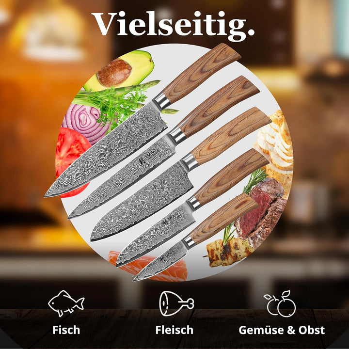 Wakoli EDIB Pro Premium 5er Damastmesser-Set mit 8-20 cm Klingen gefertigt aus 67 Lagen echtem Damas