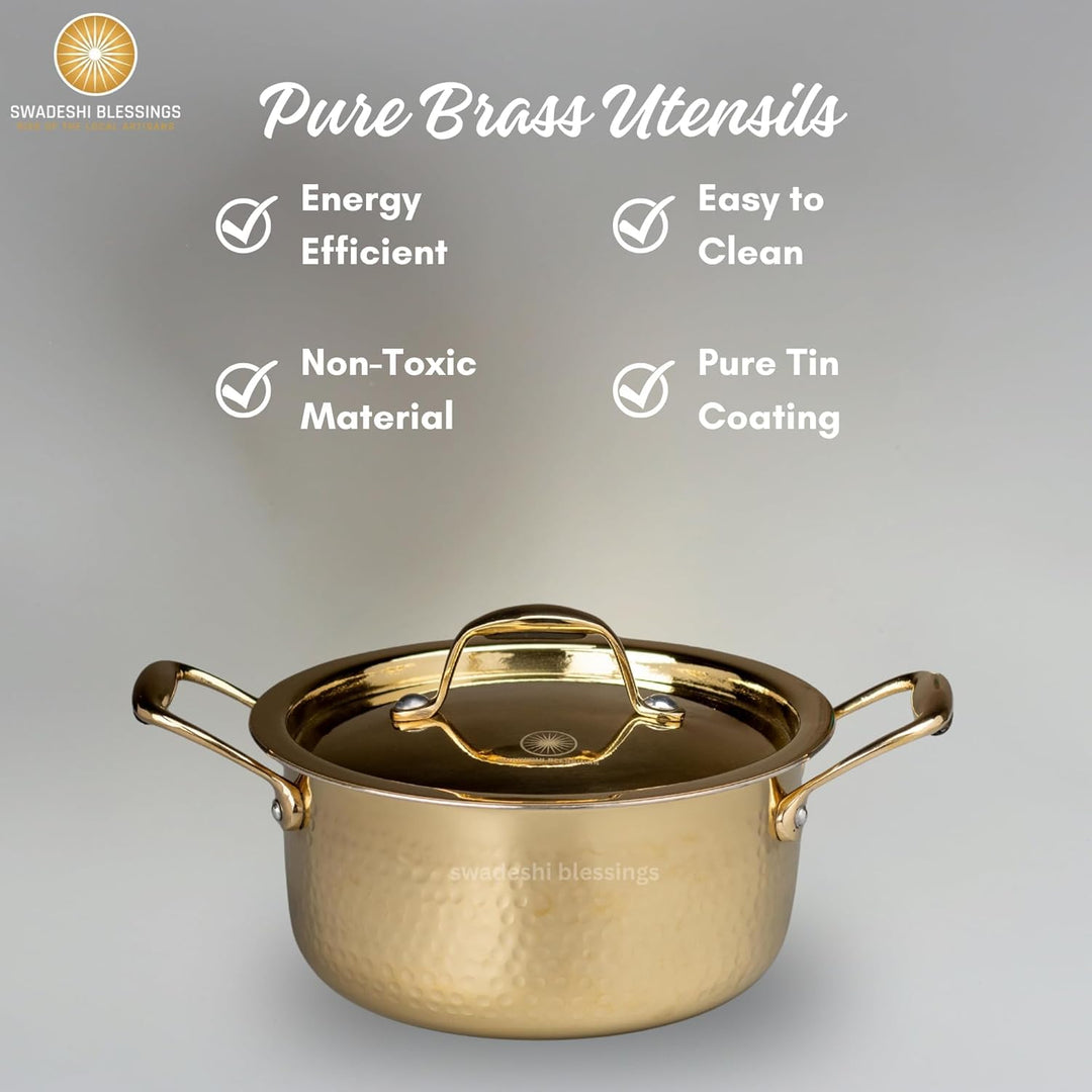 Swadeshi Blessings EXKLUSIVE RANGE Messingtopf / Suppentopf zum Kochen mit Deckel / Teflonfrei / Nat