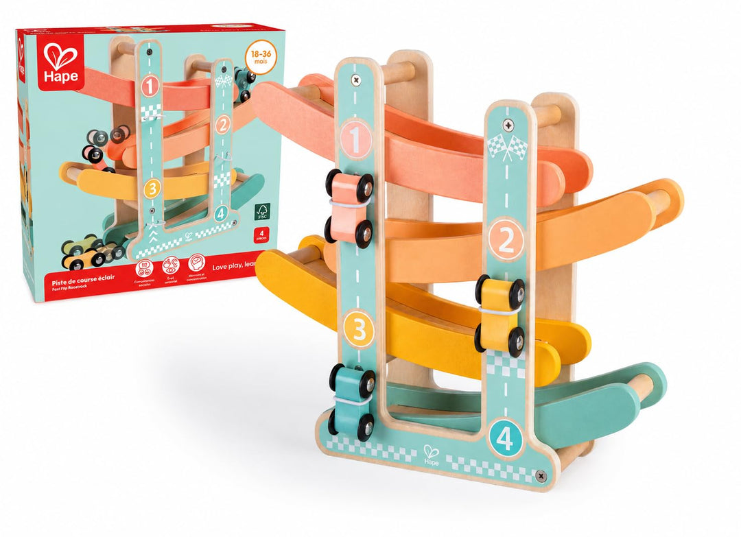 Hape Flickflack Rennbahn aus Holz mit 3 Autos –Limitierte Auflage – Montessori Motorikspielzeug &amp; Au