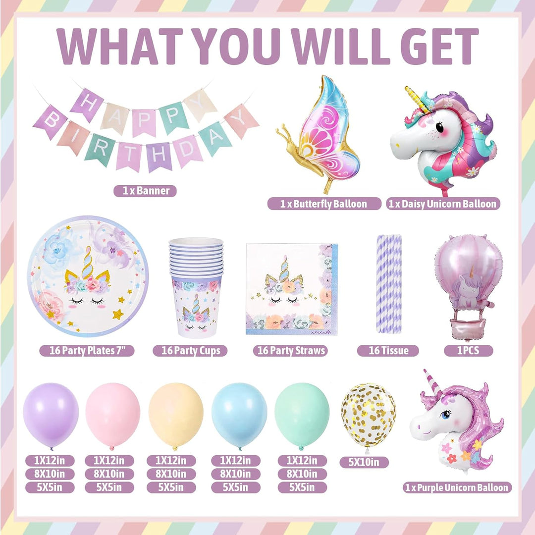 147 Stück Einhorn Geburtstag Partygeschirr Set, Pappteller Kindergeburtstag Deko Luftballons, Einhor