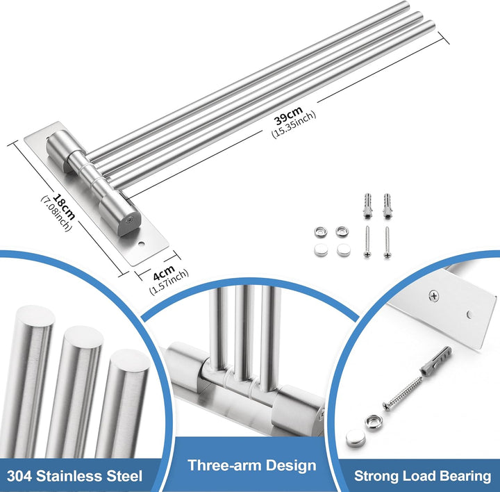 Handtuchhalter mit Bohrmontage 180° Schwenkbar 3-armig Handtuchhalter aus SUS304 Edelstahl Gebürstet