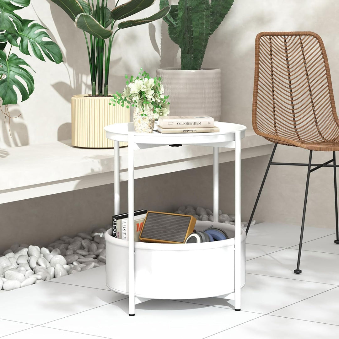 Beistelltisch Rund, Kleiner Tisch, Metall Balkontisch, Sofatisch 2 Ebenen, Couchtisch mit Korb aus S