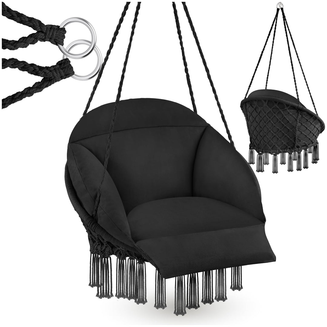 tectake® Hängesessel, Hängeschaukel mit dicken Kissen & Quasten, Boho Hängekorb Ø 80 cm, Hängesessel