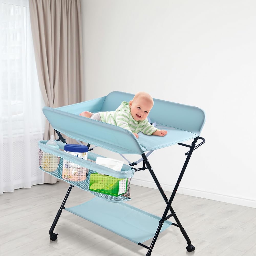 Baby Wickelkombi - klappbare Wickelkommode, mobiler Wickeltisch mit Wickelauflage, Sicherheitsgurt u