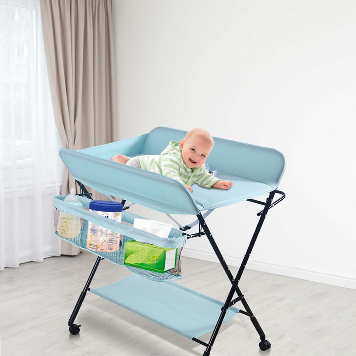 Baby Wickelkombi - klappbare Wickelkommode, mobiler Wickeltisch mit Wickelauflage, Sicherheitsgurt u