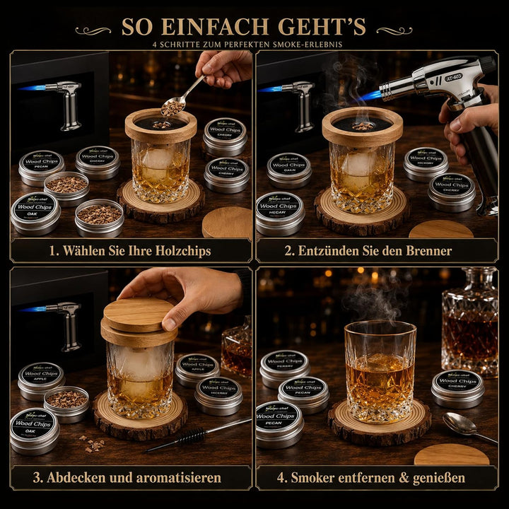 Whisky-Räucherset mit Fackel, Cocktail Räucher-Set mit 8 Holzsorten & Zubehör Drink Räucher-Kit für