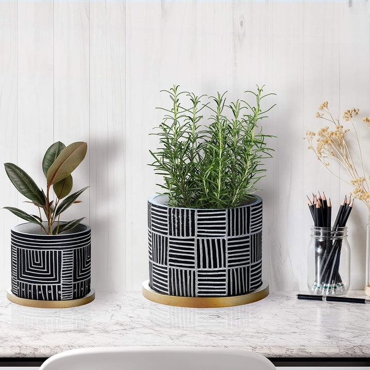 Olly & Rose Designer Schwarze Blumentöpfe Set 2 mit goldenen Untersetzern Keramik Blumentopf Übertöp