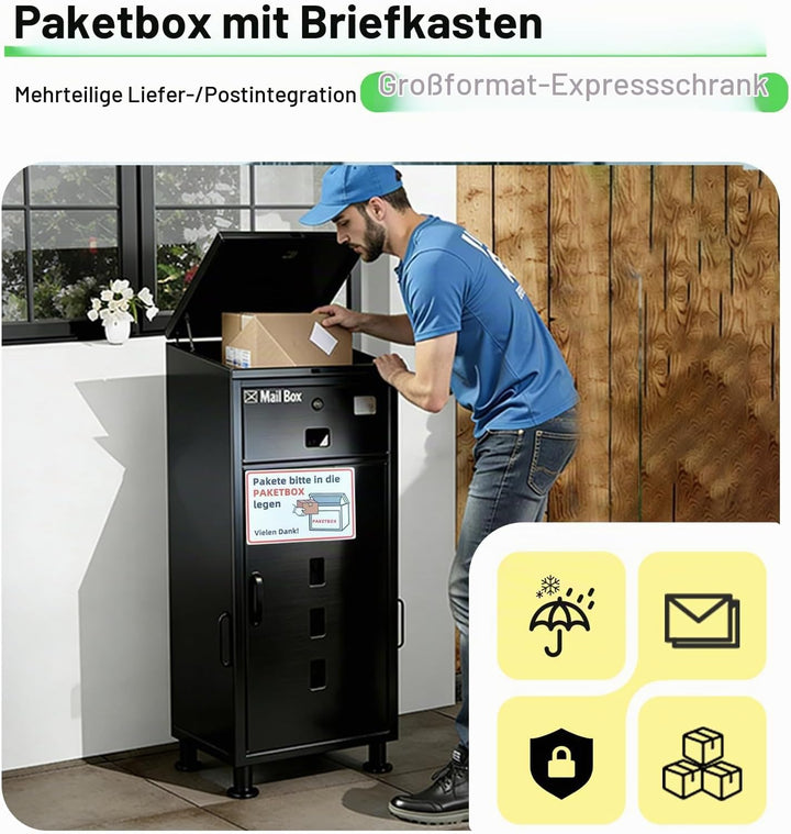 MOZIMOI Paketbox draussen gross XXL, getr. Fächer, Standfüsse 8‑20 cm variabel, schützt Pakete vor S