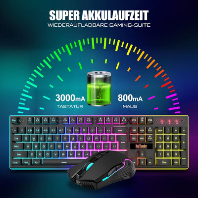 RedThunder K10 Kabelloses Gaming Tastatur und Maus Set, QWERTZ DE Layout, 3000mA Batteriekapazität u
